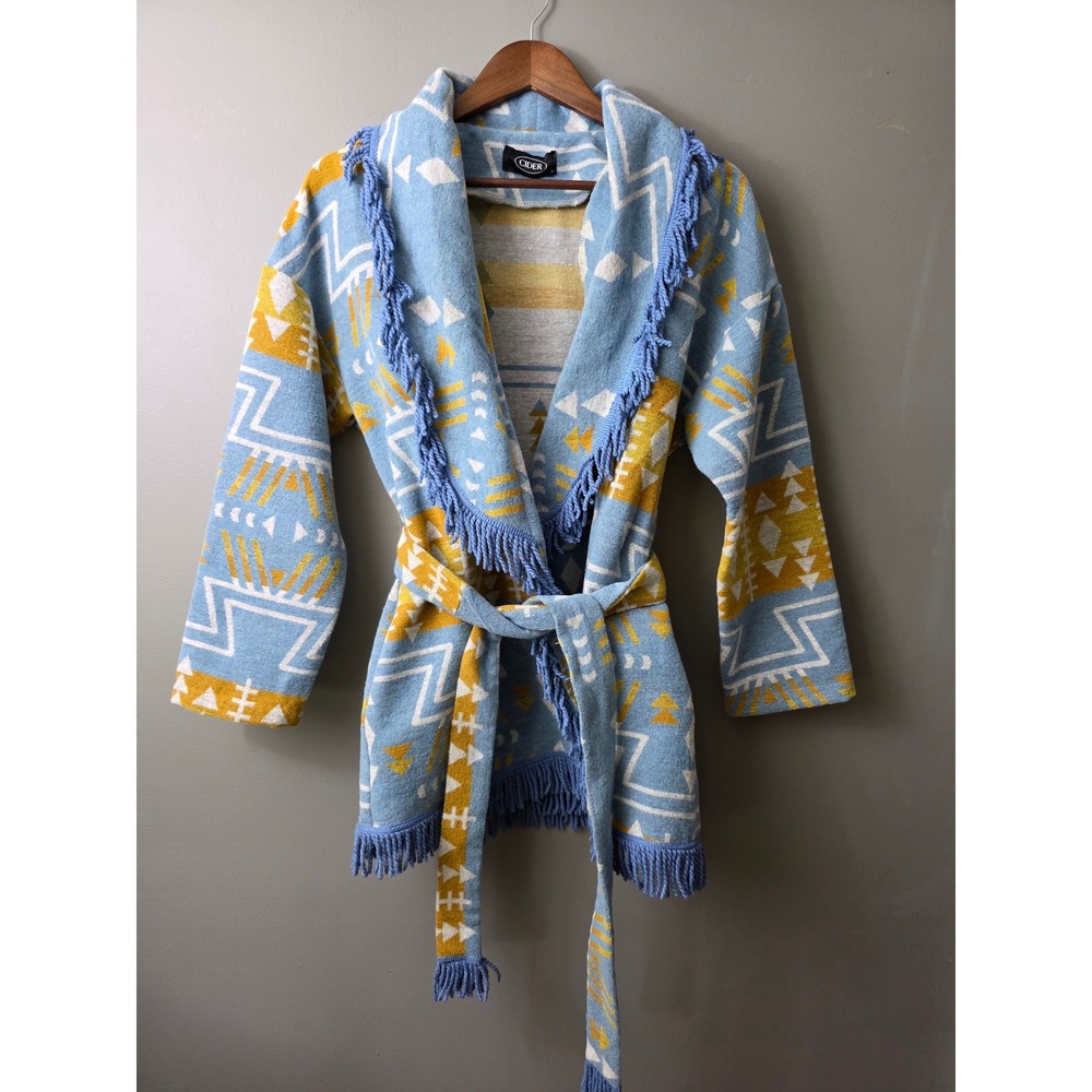 Cider Geometric Southwestern Fringe Wrap Cardigan Sweater Blue Yellow Small